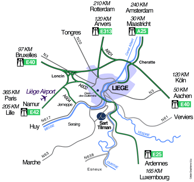 Plan large des autoroutes autour de Liège